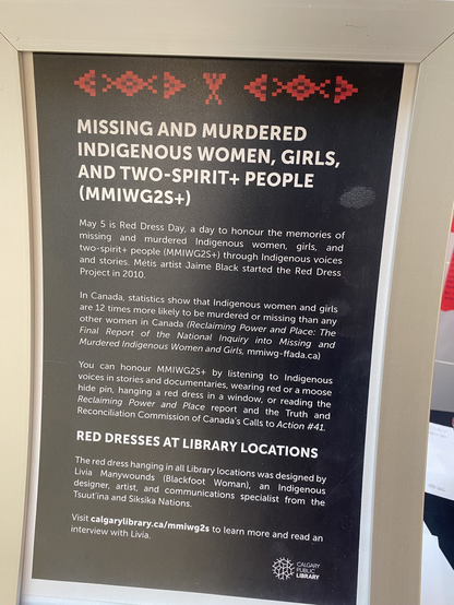 Grateful to Sarah Buffalo at the Calgary Public Library for telling me about this display and honoured to be a speaker. #RedDressDay