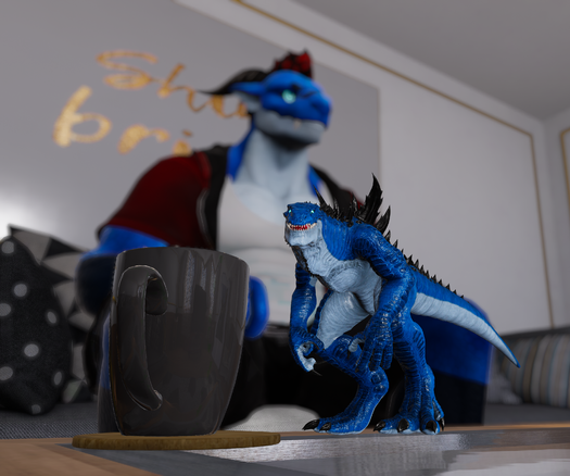 VR: A coffee table in the foreground with a coffee cup and a small blue godzilla-style kaiju grinning at the camera. A normal-sized dragon sits on the couch in the background.