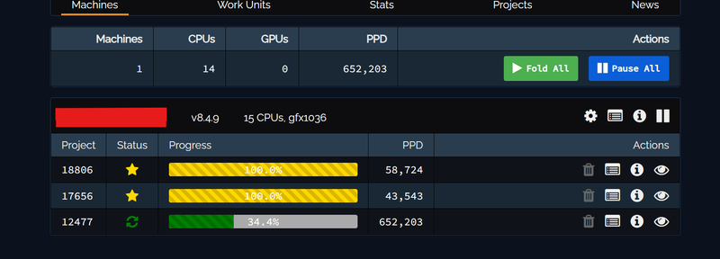 Screenshot of my PC worrking on Folding at Home projects. Two have completed, turned yellow, and are marked with yellow stars