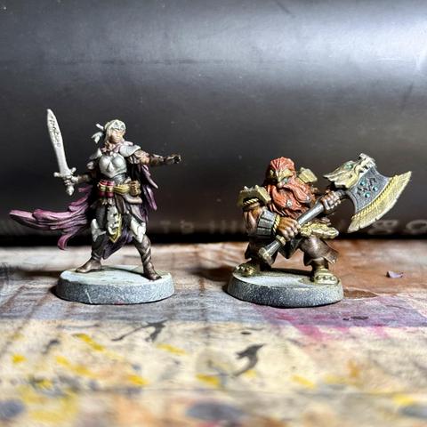 Painted minis from the HeroQuest board game – elf and dwarf