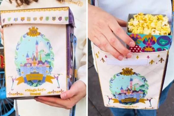 Two images show a Magic Key Insulated Cooler Bag at Tokyo Disneyland—one closed, one open and filled with popcorn.