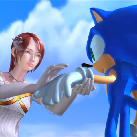 Screencap from Sonic 06, Elise takes Sonic's hand as she prepares to dress his "wound", with saturation adjusted to make Elise's hair redder.