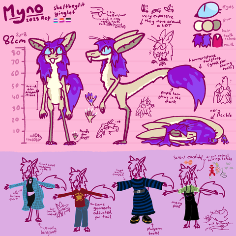 a refsheet for a short sandy coloured yinglet with long shaggy purple hair and tailpoof, showing a front view, side view, curled up asleep, a load of outfits, and many assorted doodles and annotations