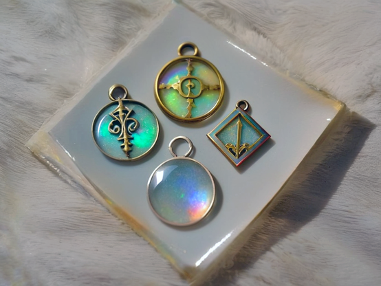 A set of four iridescent, glowing fantasy charms, three with magical symbols, and one smooth and blank, displayed on a glossy tile over soft faux fur.
