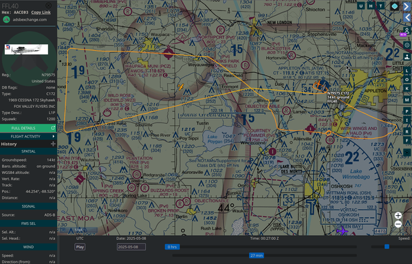 ADS-B exchange website showing historical track of my flight tonight overlaid on a VFR sectional map.