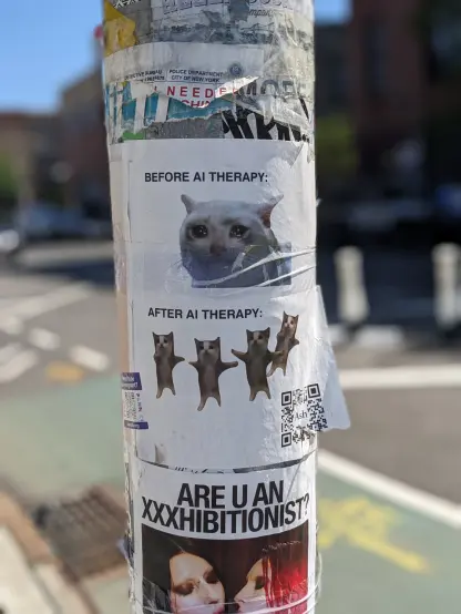 Before A.I therapy, edited weepy cat meme. After A.I. therapy, group of 4 happy edited cats standing on two legs, happy as can be.