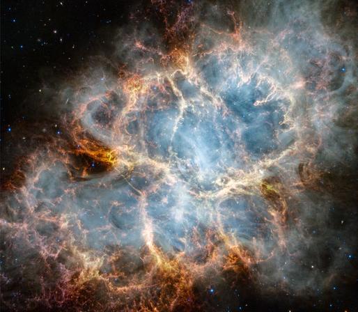 2025 May 8
The Crab Nebula, M1, is shown as imaged by the James Webb Space Telescope. The rollover image is the same Crab Nebula but this time from the Hubble Space Telescope. The Webb image is in near infrared light, while the Hubble image is in visible light. Please see the explanation for more detailed information.
M1: The Incredible Expanding Crab

 * Image Credit: NASA, ESA, CSA, STScI; Jeff Hester (ASU), Allison Loll (ASU), Tea Temim (Princeton University)

Explanation:
 Cataloged as M1, the Crab Nebula is the first on Charles Messier's famous list of things which are not comets. In fact, the Crab Nebula is now known to be a supernova remnant, an expanding cloud of debris from the death explosion of a massive star. The violent birth of the Crab was witnessed by astronomers in the year 1054. Roughly 10 light-years across, the nebula is still expanding at a rate of about 1,500 kilometers per second. You can see the expansion by comparing these sharp images from the Hubble Space Telescope and James Webb Space Telescope. The Crab's dynamic, fragmented filaments were captured in visible light by Hubble in 2005 and Webb in infrared light in 2023. This cosmic crustacean lies about 6,500 light-years away in the constellation Taurus.

Authors & editors: Robert Nemiroff (MTU) & Jerry Bonnell (UMCP)
NASA Official: Amber Straughn Specific rights apply.
NASA Web Privacy Policy and Important Notices
A service of: ASD at NASA / GSFC,
NASA Science Activation
& Michigan Tech. U.