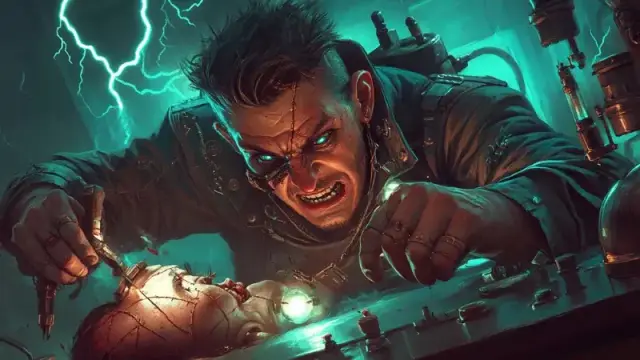 DnD artwork featuring a male human Reanimator Artificer working on a lump of human flesh in his laboratory.