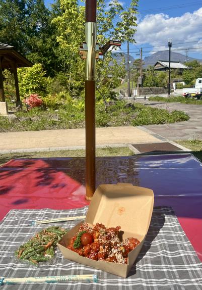 Yangnyeom chicken from a local Korean takeout on a picnic table in a wildflower park near Komoro Station with Mt. Asama belching steam in the background.