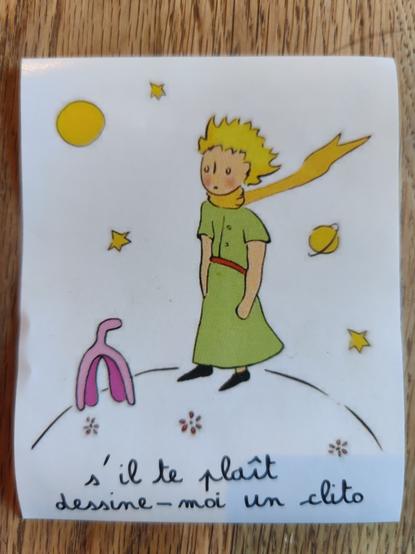 Dessin du petit prince de Saint-Exupéry, où le renard est remplacé par un clitoris et le petit prince dit "s'il te plaît, dessine moi un clito".

Fait référence au fait que l'anatomie du clitoris a été découverte très tardivement (années 1980) ...