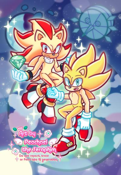 Two powered up hedgehogs in space!

To the left is a pale golden-yellow hedgehog with red accent colors, red eyes, white shoes with red and black accents. This is Shadow the Hedgehogs super form! To the right is a glowing neon yellow hedgehog with blue eyes, white gloves and red shoes. This is Sonic the Hedgehogs super form (specifically Sonic Frontiers).

Behind them is the earth (bottom right), the eggmoon (top right), a broken moon (top left) and the sun (bottom right)