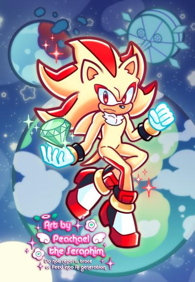 A pale golden-yellow hedgehog with red accent colors, red eyes, white shoes with red and black accents. This is Shadow the Hedgehogs super form!

Behind him is the earth (bottom right), the eggmoon (top right), a broken moon (top left) and the sun (bottom right)