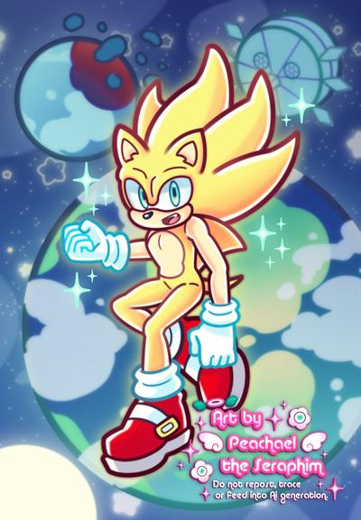 To the right is a glowing neon yellow hedgehog with blue eyes, white gloves and red shoes. This is Sonic the Hedgehogs super form (specifically Sonic Frontiers).

Behind him is the earth (bottom right), the eggmoon (top right), a broken moon (top left) and the sun (bottom right)