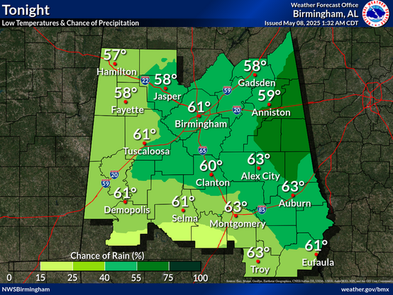Rain chances will begin to wane during the late evening hours as we lose daytime heating. Lows tonight drop into the mid 50s to low 60s.
