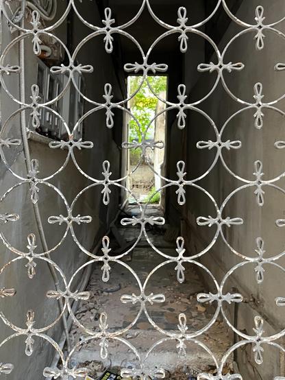 The long narrow corridor between two buildings in Athens. It’s dusty and neglected, and utilitarian with a rectangle of green and sunlight through a door at the far end,
The near end is blocked by a grille of metal circles, touching each other at the four cardinal points and joined by ornamental bows - all this painted white long ago and now faded