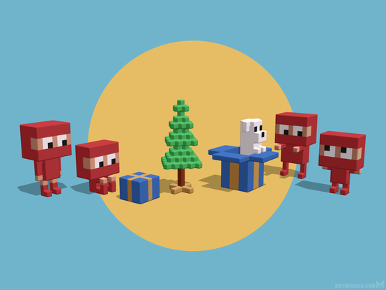A family of cute ninja characters, executed in a minimalistic voxel art style. The family is celebrating Xmas eve, and a puppy comes out of a present, to the joy of the kids.