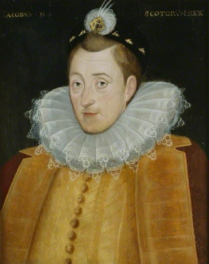 A younf James, almost beardless in large ruff & bright yellow doublet