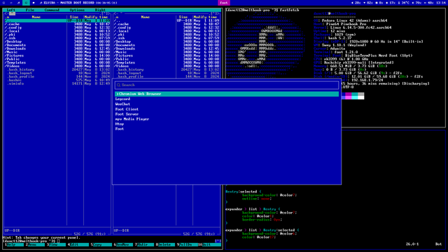 A few terminal windows and an application launcher.

Left: Midnight Commander
Top-right: fastfetch
Bottom-right: vim