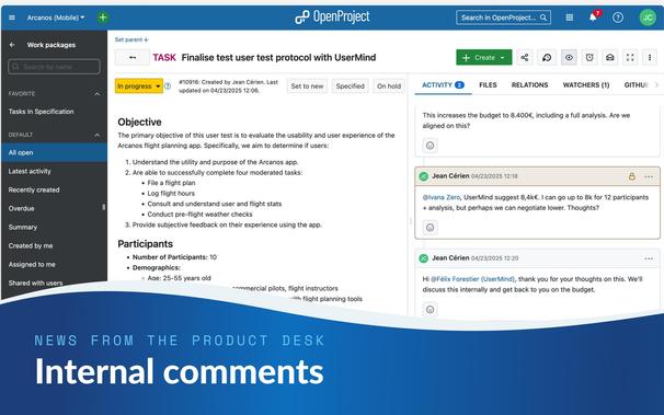News from the product desk: Internal comments. Screenshot of an OpenProject work package Activity tab with a comment marked in a different color and a lock-icon.