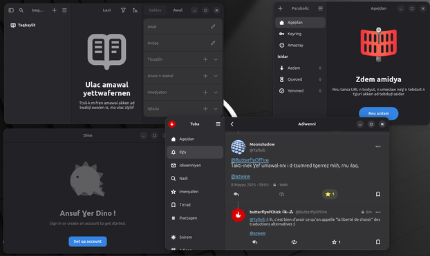 Capture d'écran d'apps traduites ou en cours de traduction vers Taqbaylit.