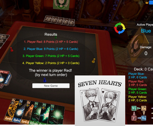 A screenshot of Tabletop Simulator showing the results screen of a game of Seven Hearts.