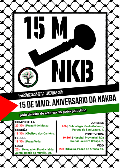 Cartaz sobre a trama dunha kufiyya. Na parte superior ten o seguinte:
15 M O perfil dunha chave e NKB
Segue o logo da Rede Galega pola Palestina
Unha bandeira cruza o cartaz co texto:
MARCHAS DO RETORNO
15 DE MAIO: ANIVERSARIO DA NAKBA
polo dereito de retorno do pobo palestino
Abaixo os detalles das concentracións nas distintas cidades
COMPOSTELA 20:30h | Praza 8 de Marzo. 
CORUÑA 19:30h | Obelisco dos Cantóns. 
FERROL 19:30h | Praza Vella.
LUGO 20h | Delegación Provincial da Xunta, Ronda da Muralla, 70.
OURENSE 20h | Subdelegación do Goberno, Parque de San Lázaro, 1. 
PONTEVEDRA 19:30h | Hospital Provincial, Rúa Doutor Loureiro Crespo, 2. 
VIGO 20h | Oliveira, Paseo de Afonso XII.