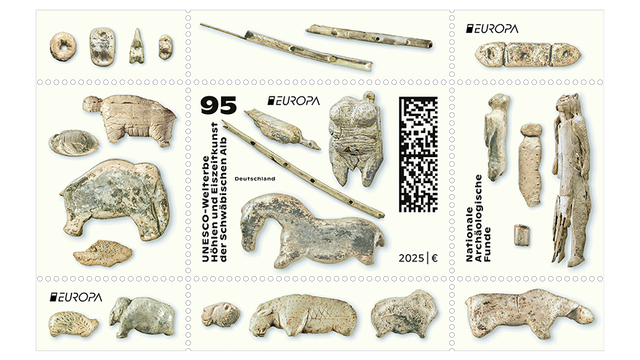 Special issue stamp from Germany featuring detailed images of Ice Age ivory  figurines, flutes, and beads discovered in caves of the Swabian Jura. The stamp honors the UNESCO World Heritage site for prehistoric art and includes ancient animal carvings, human figures, and musical instruments. Text on the stamp reads “UNESCO-Welterbe Höhlen und Eiszeitkunst der Schwäbischen Alb” and “Nationale Archäologische Funde.” The stamp is marked "EUROPA," has a denomination of 95 Euro cents, and is dated 2025.