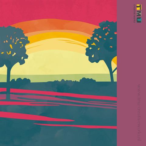 The minimalist illustration shows a peaceful scene with fields and a meadow in the lower half of the canvas, framed by two stylised trees on the sides. The upper half shows the setting sun, depicted in semi-circular layers of light yellow, orange and red, giving the picture a warm and calming atmosphere.