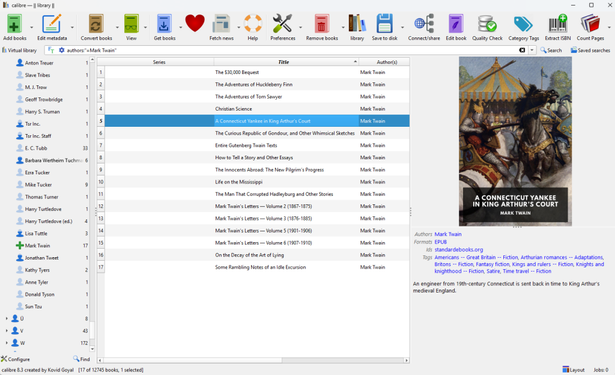 view of the Calibre desktop app showing all books by Mark Twain in library, focused on the standard ebooks version of A Connecticut Yankee in King Arthur's Court