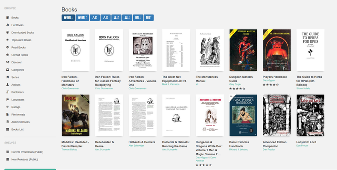 view of calibre-web showing a variety of rpg books