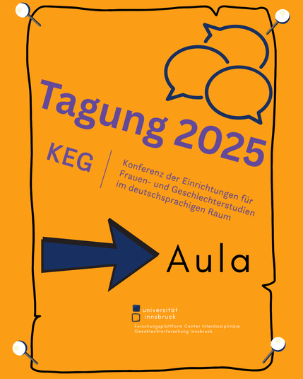 Auf dem Post ist auf orangenem HIntergrund die Aufschrift tAGUNG 2025: KEG KOnferenz der Einrichtungen für Frauen und Geschlechterstudien im deutschsprachigen Raum zu sehen.