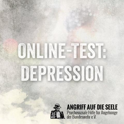 Das Bild zeigt den Text „Online-Test: Depression“ in großen weißen lettern vor einem verschwommenen Hintergrund. In der unteren, rechten Ecke steht das Logo des Vereins Angriff auf die Seele e. V.