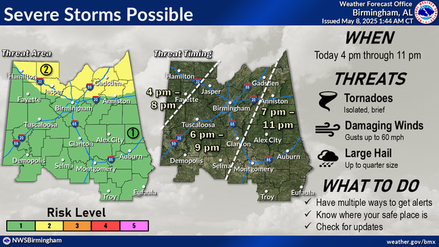 There is a slight risk for severe thunderstorms this afternoon and evening across the region. The best chances will come across the northern part of the area. All forms of severe weather are possible including damaging winds, large hail and potential for a brief tornado or two.