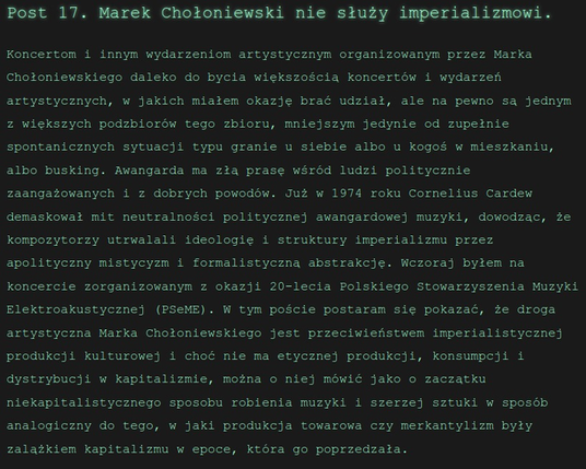 Zrzut ekranu z bloga kaustyk polski. Wpis "Marek Chołoniewski nie służy imperializmowi".