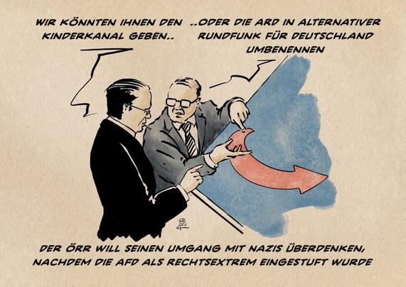 Illustration zweier Herren in Diskussion an einem Reißbrett auf dem ein AFD Logo prangt. Der eine sagt: Wir könnten ihnen den Kinderkanal geben.. Der andere entgegnet: ..Oder ARD in Alternativer Rundfunk für Deutschland umbenennen. Textzeile: Der ÖRR will seinen Umgang mit Nazis überdenken, nach die AFD als rechtsextrem eingestuft wurde.