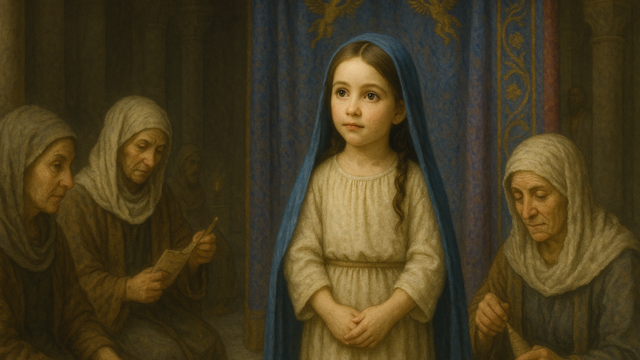 AI-generated image of a young Virgin Mary, around age 6 or 7, standing in the Temple of Jerusalem among older women. She wears a cream tunic and blue mantle, with braided dark hair, as light filters through temple curtains inspired by Exod 26:31. The setting suggests quiet consecration and sacred tradition.