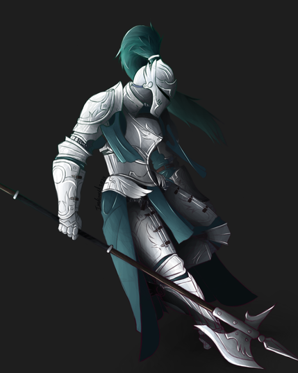 A knight in silver armour with teal drapery on a grey background. There are numerous bits of ornamentation resembling wings or feathers on the various plates, such as the pauldrons, curiass, and thigh guards. The knight is moving backward and holding a halberd.