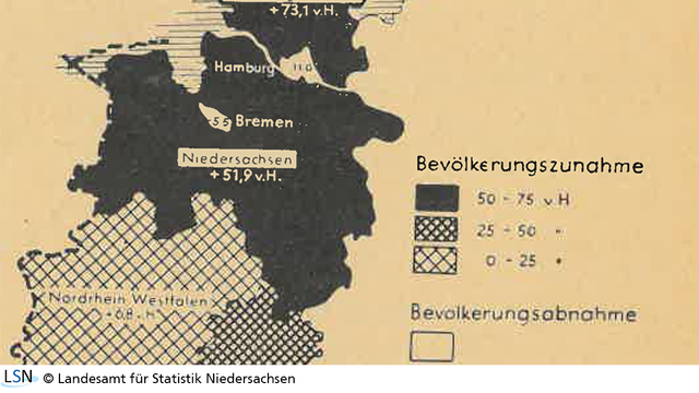 Bevölkerungszunahme von 1939 bis 1949. Das Bild zeigt einen Ausschnitt einer Karte, die die Veränderung der Bevölkerung in den Ländern des Vereinigten Wirtschaftsgebiets von 1030 bis 1949 darstellt.