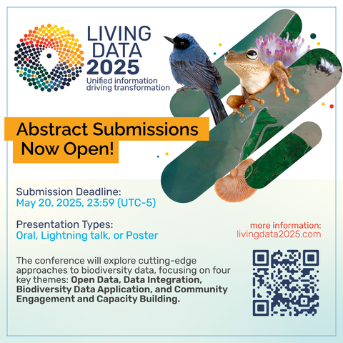 graphic advertising call for abstracts to Living Data 2025 with accompanying species pictures