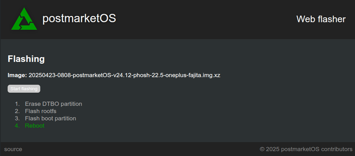 Screenshot of postmarketOS web flasher that is used within a browser