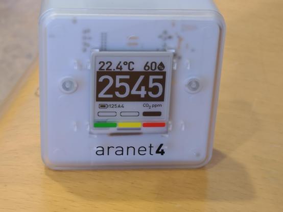 Aranet4 CO2 meter geeft 2545 ppm aan, zeer slechte ventilatie.