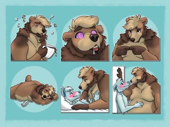 A set of 6 telegram stickers showing a brown bear with blond hair and black eyes. They show him sleepy with a mug of coffee, hypnotised and drooling, pointing his fingers together while looking up pleadingly, lying down on his stomach with his head pillowed on his arms and a YCH's arm reaching out from underneath him, lying on top of a YCH in bed, and pushing a YCH up against a wall