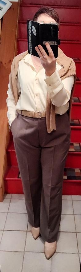 Silky butter yellow button up shirt, taupe trousers, beige belt, slingbacks, sweater as scarf. Minimal jewelry. Yawn... Maybe I'll add some weird jewelry.