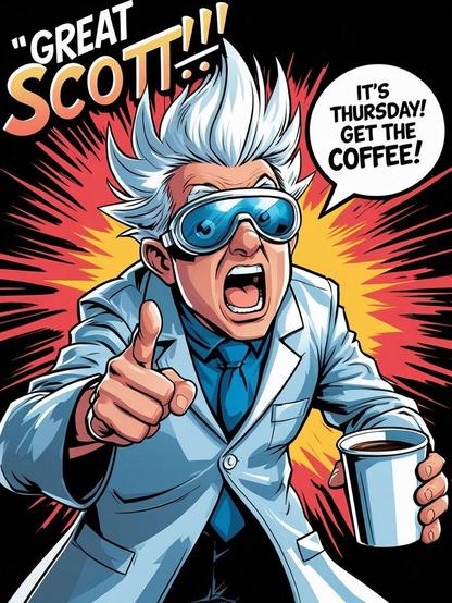 A shocked scientist raises it is not Friday but with coffee in hand he presses on.