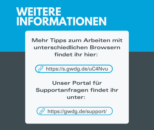 Infografik mit weiterführenden Links:
– Tipps zur Browsernutzung: https://s.gwdg.de/uC4Nvu
– Support-Portal der GWDG: https://gwdg.de/support/