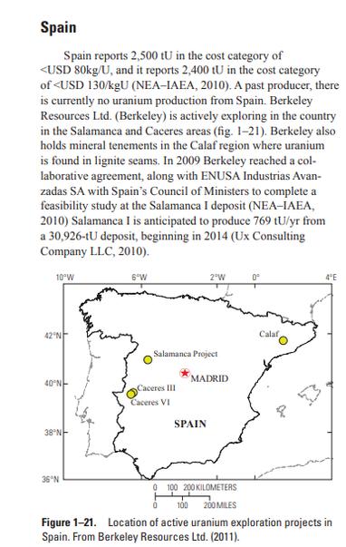 Spain
Spain reports 2,500 tU in the cost category of 
<USD 80kg/U, and it reports 2,400 tU in the cost category 
of <USD 130/kgU (NEA–IAEA, 2010). A past producer, there 
is currently no uranium production from Spain. Berkeley 
Resources Ltd. (Berkeley) is actively exploring in the country 
in the Salamanca and Caceres areas (fig. 1–21). Berkeley also 
holds mineral tenements in the Calaf region where uranium 
is found in lignite seams. In 2009 Berkeley reached a collaborative agreement, along with ENUSA Industrias Avanzadas SA with Spain’s Council of Ministers to complete a 
feasibility study at the Salamanca I deposit (NEA–IAEA, 
2010) Salamanca I is anticipated to produce 769 tU/yr from 
a 30,926-tU deposit, beginning in 2014 (Ux Consulting 
Company LLC, 2010).