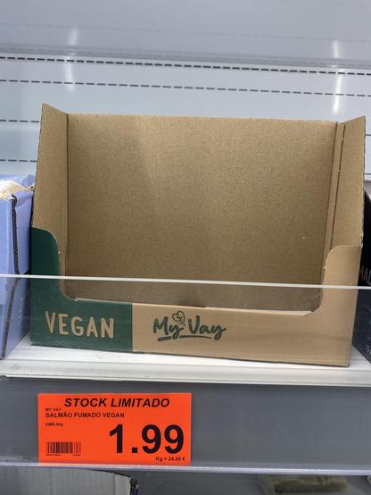 Empty box of vegan salmon at Aldi. It was limited stock, so we will have to wait until next time they have this on their shelves.