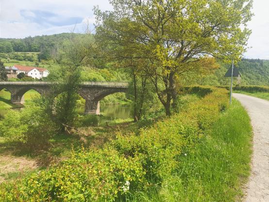 Alte Brücke im Grünen, im Hintergrund sind ein paar Häuser zu sehen.