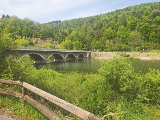 Eine neue Brücke im alten Stil über die Eder, im Vordergrund ein Holzzaun. Und viel Grün