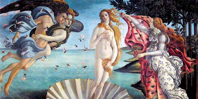 Il celebre dipinto del Botticelli ci mostra la "nascita di Venere", con la dea che sta in piedi sopra una conchiglia marina, con i "venti" a sinistra e una donna, che simboleggia la "natura", a destra.